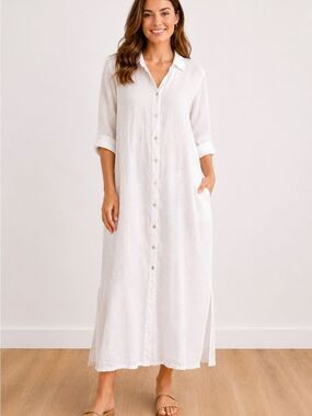 Scandal Made in Italy White Linen Button Front Maxi Shirt Dress Coverup OS￼